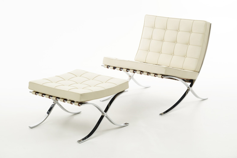 Knoll International Barcelona Armchair & Ottoman Leather / Light Beige