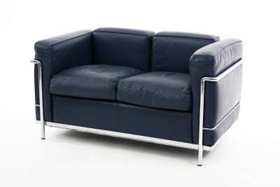 Cassina LC2 Le Corbusier Dos Plazas Sofá Cuero / Azul oscuro