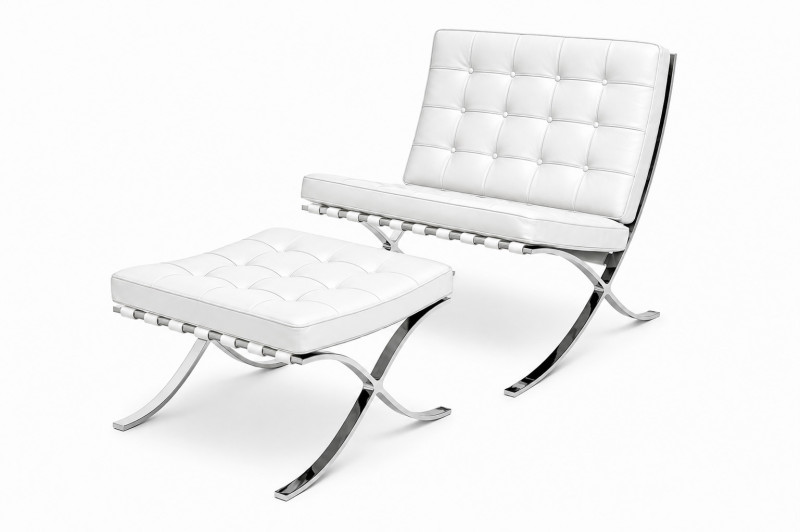 Knoll International Barcelona Sessel & Ottomane Leder / Weiß