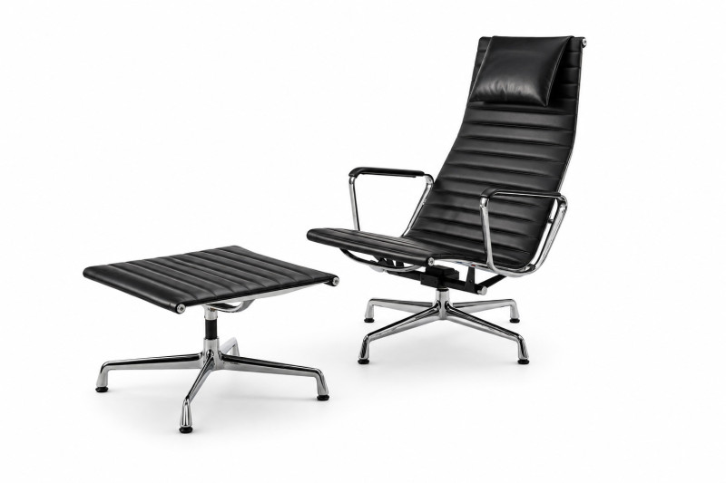 Vitra EA 124 Sessel inkl. EA 125 Ottomane Leder / Schwarz