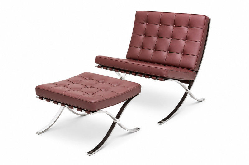 Knoll International Barcelona Sessel & Ottomane Leder / Braun / Rot