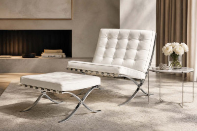 Knoll International Barcelona Sessel & Ottomane Leder / Weiß