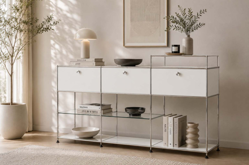 USM Haller Buffet avec Élément En Verre Blanc Pur RAL 9010