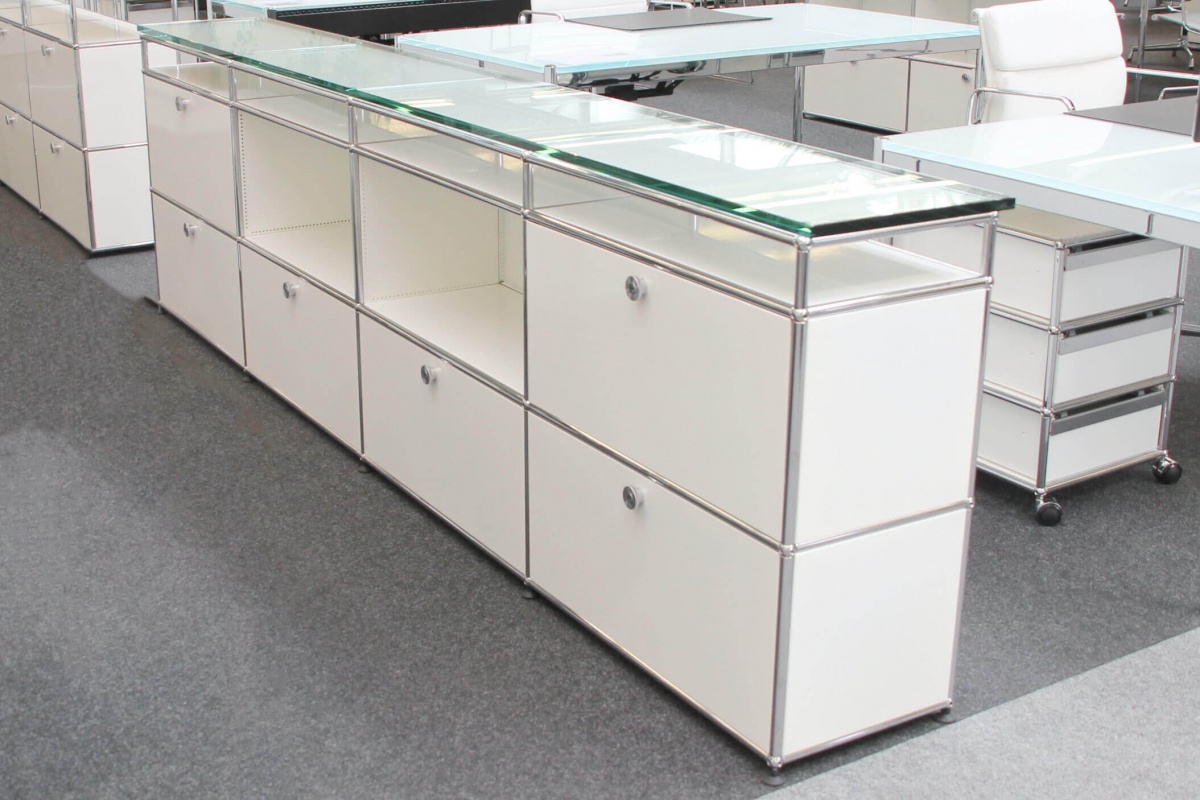 USM Haller Sideboard Regal Weiß / Reinweiß mit Glasplatte Top